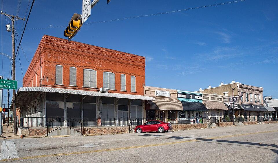Historic storefronts in downtown Midlothian, Texas