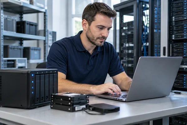 An IT technician verifying data recovery with a laptop and storage equipment