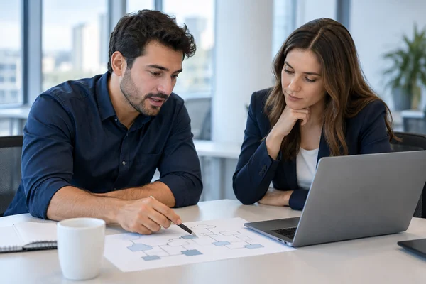 Two IT colleagues reviewing a plan together at a laptop