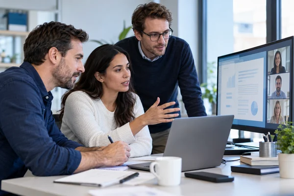 A business team collaborating on a shared document and video meeting