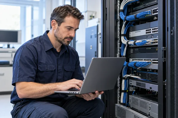 A network technician checking a laptop beside an organized equipment rack