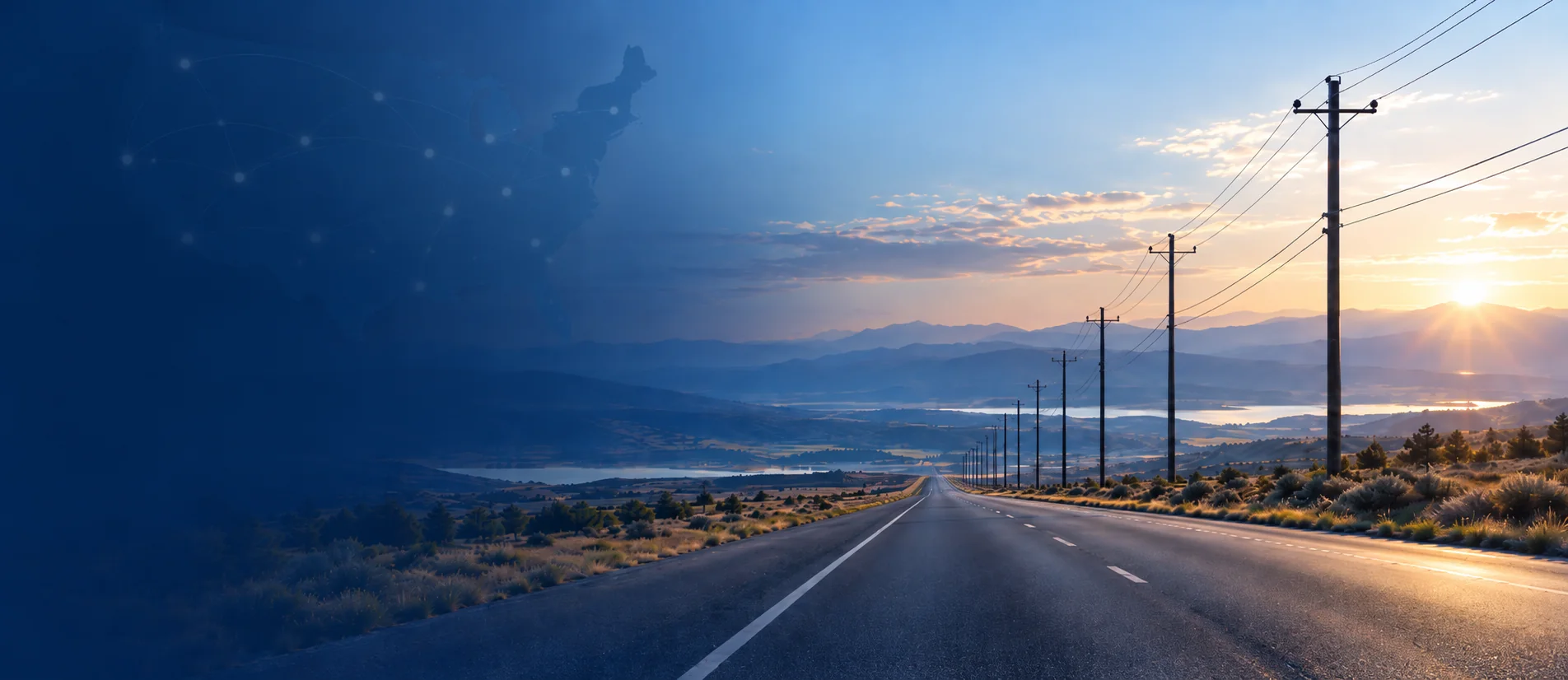 A highway and utility infrastructure stretching across the landscape