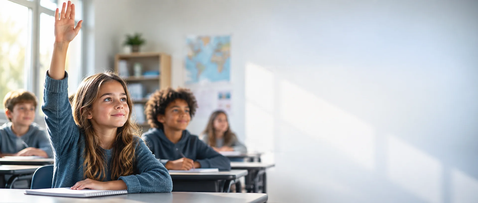 A student raising her hand in a classroom